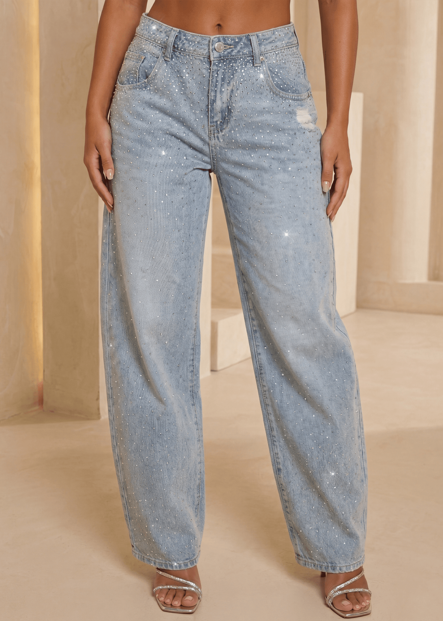 End Of An Era Lace Trim Barrel Denim Jeans - Blue
