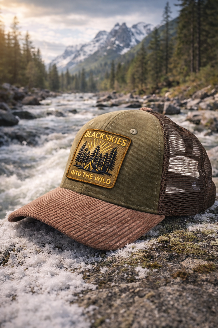 Green and brown cap with 'Black Skies' logo on a rocky surface with a mountain and river background