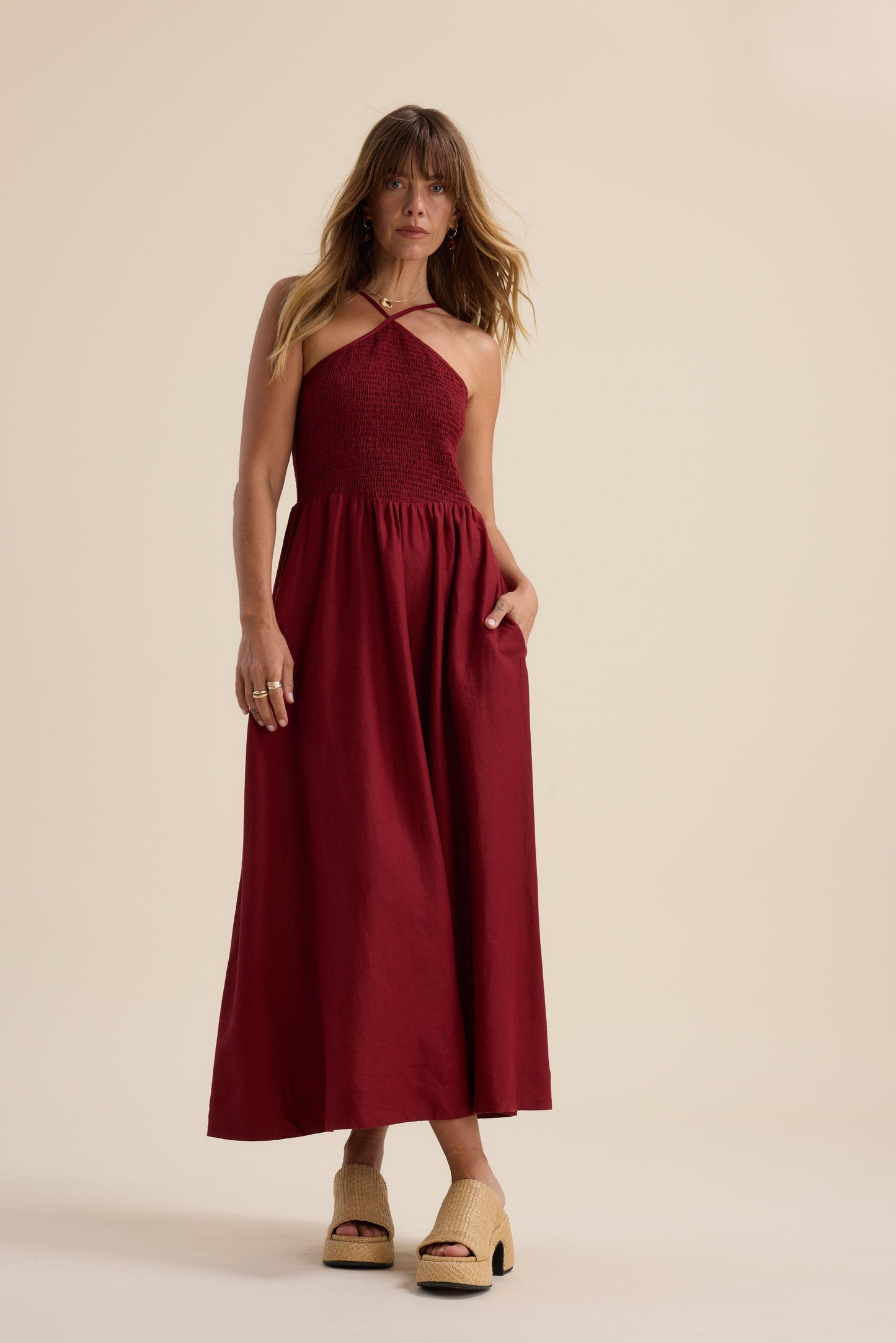 The Linen Studio Shirred Halter Dress