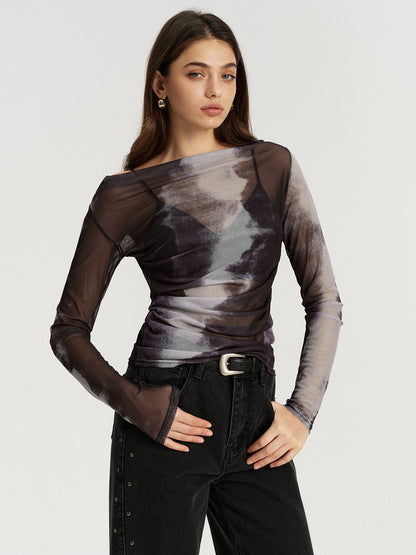 Mesh Tie-Dye Off-Shoulder Long Sleeve T-Shirt