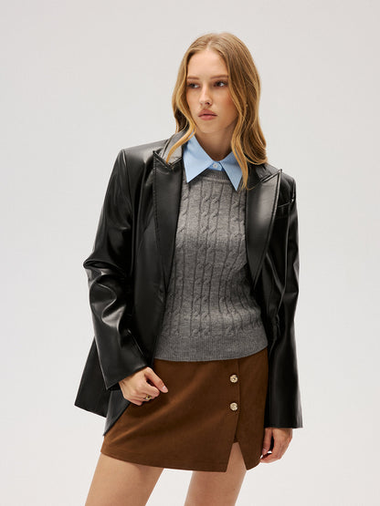 2 in 1 Contrast Shirt Collar Cable-Knit Sweater