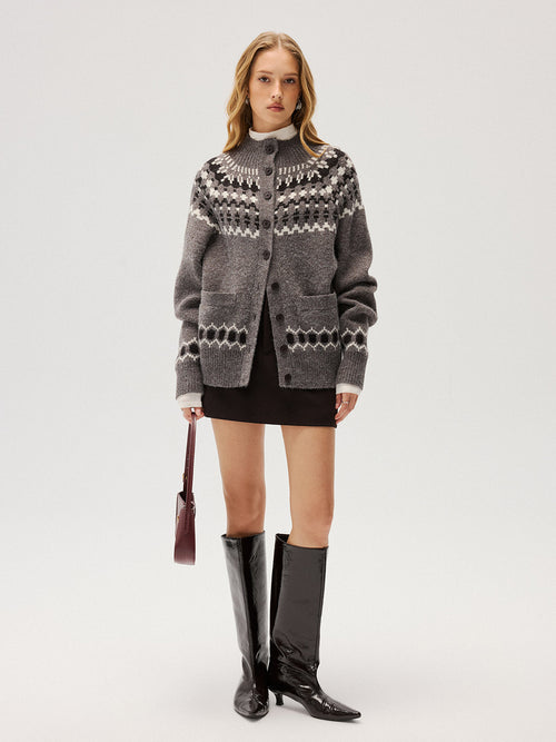 Loose Fair Isle Knit Button Front Cardigan