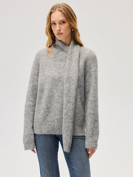 Wool-Blend Scarf-Attached Sweater