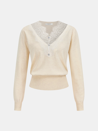 Lace Panel Rhinestone Wool Blend Sweater