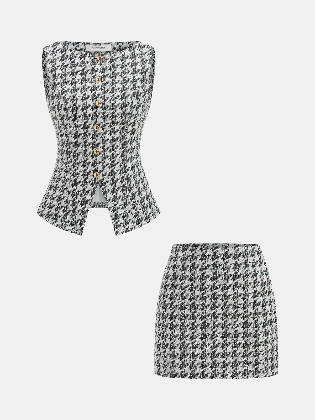 Metal Button Houndstooth Vest & Mini Skirt Set