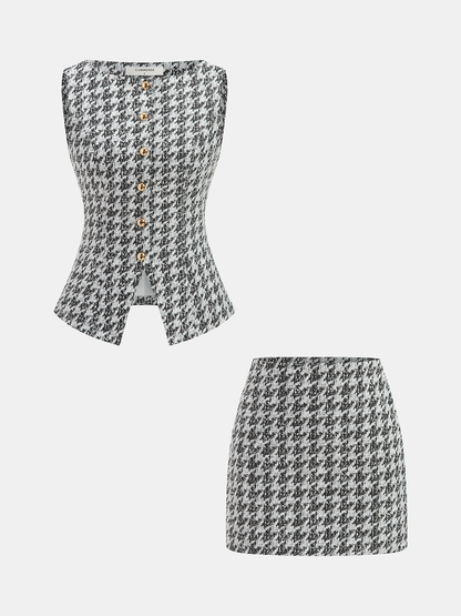 Metal Button Houndstooth Vest & Mini Skirt Set