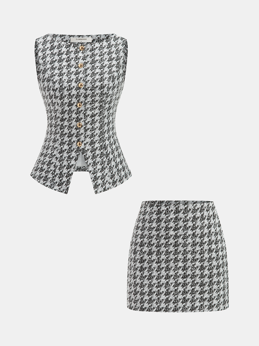 Metal Button Houndstooth Vest & Mini Skirt Set