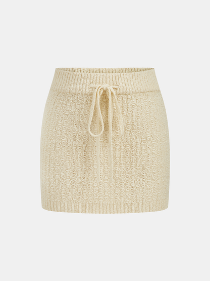 Textured Knit Top & Drawstring Mini Skirt Set