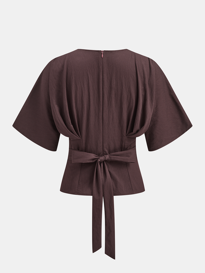 Dolman Sleeve Tie-Back V-Neck Blouse