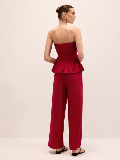 Strapless Pleated Linen Blend Top & Pants Set