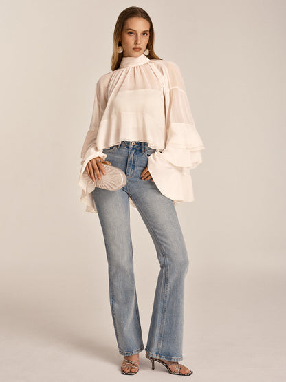 Chiffon High Neck Ruffle Bell Sleeve Blouse