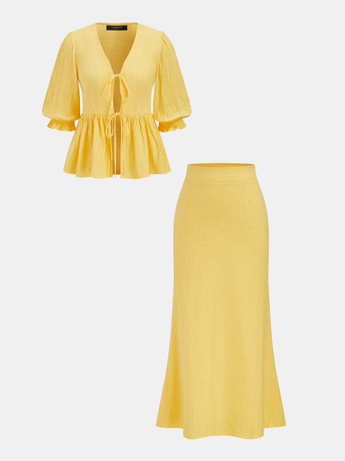 Cotton Tie-Front Peplum Top & Skirt Set