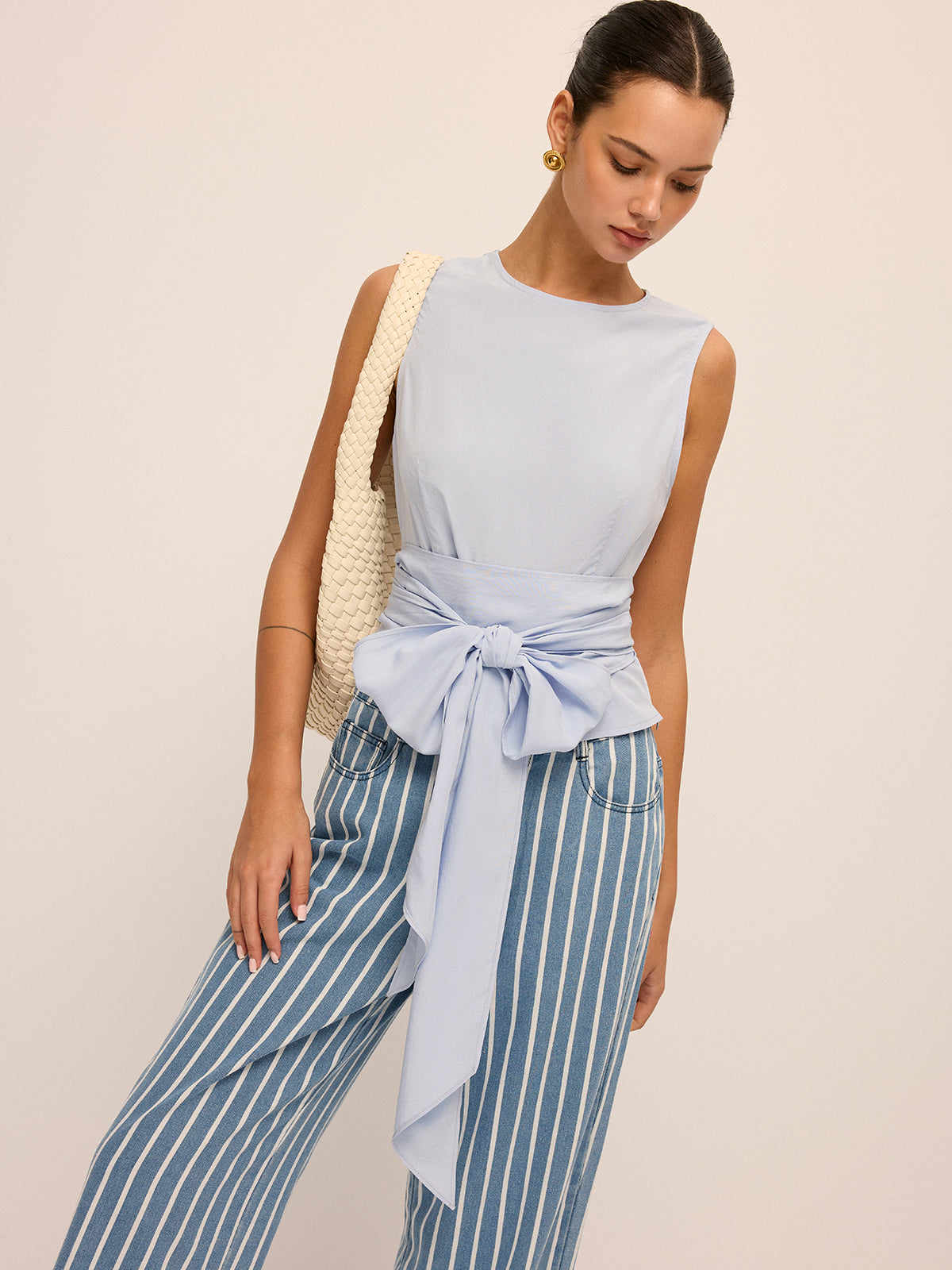 Large Bow Waist Tencel-Blend Sleeveless Top