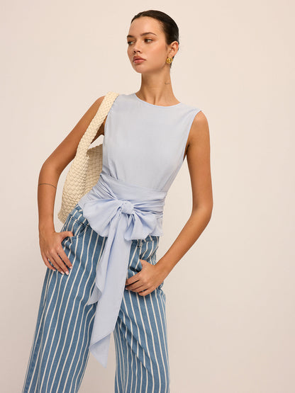 Large Bow Waist Tencel-Blend Sleeveless Top