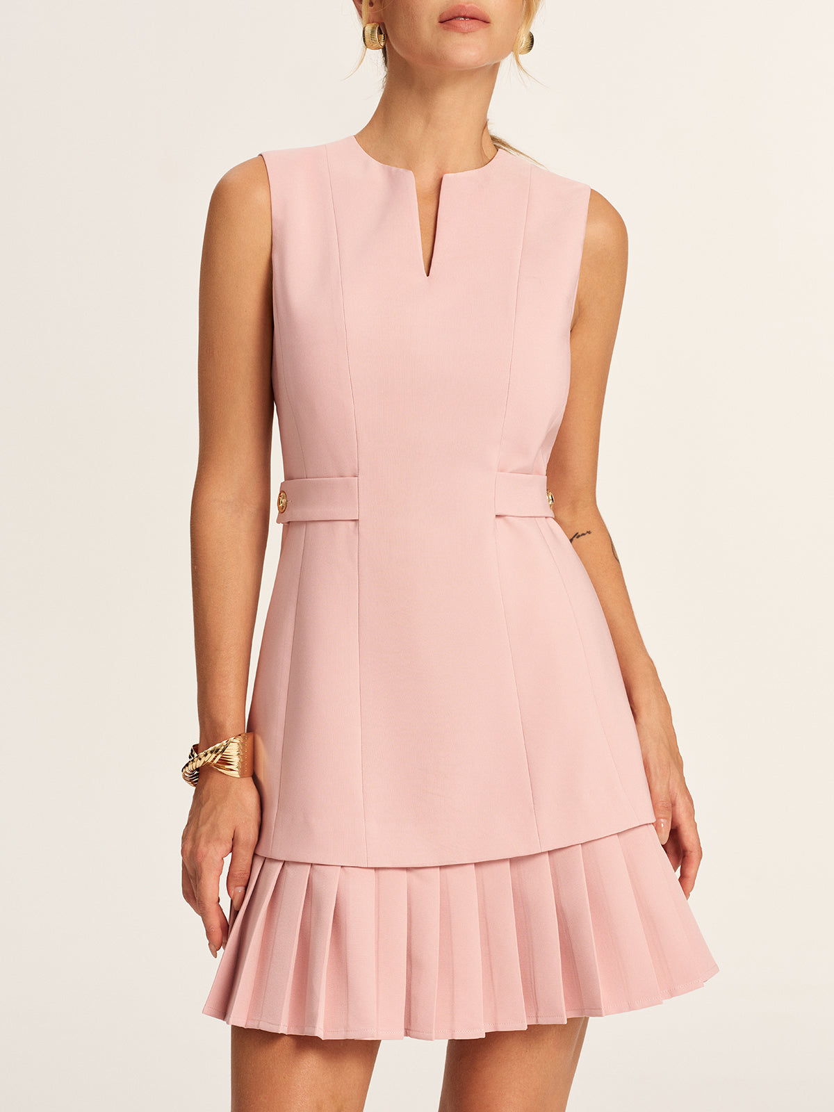 Pleated Hem Notch Neck Tailored Mini Dress