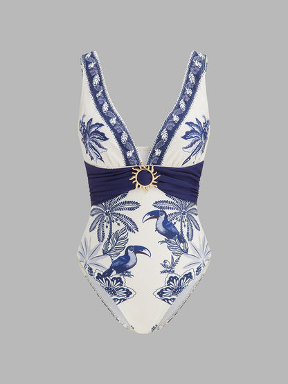 Tropical Toucan Print One Piece Swimsuit & Sarong Set