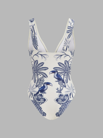 Tropical Toucan Print One Piece Swimsuit & Sarong Set