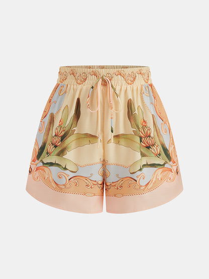 Leaf Print Linen Blend Shirt & Drawstring Shorts Set
