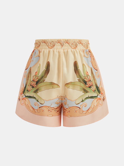 Leaf Print Linen Blend Shirt & Drawstring Shorts Set