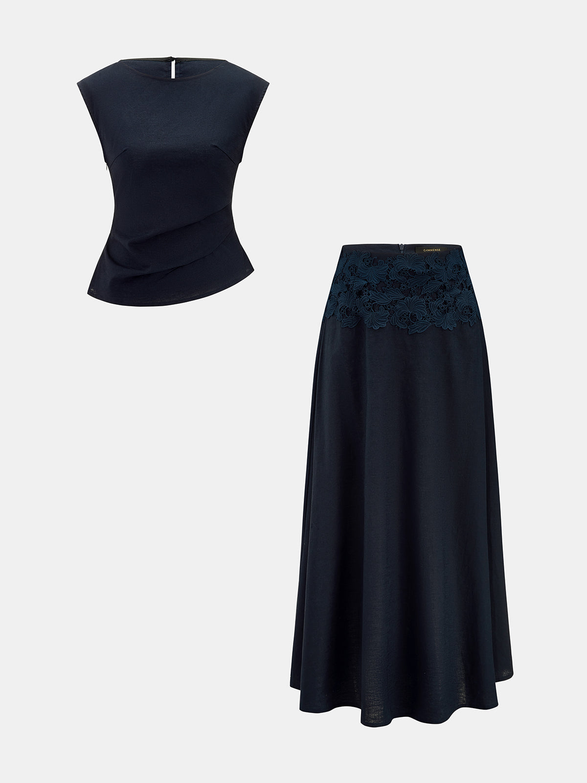 Cotton Linen Top & Lace Waist Skirt Set