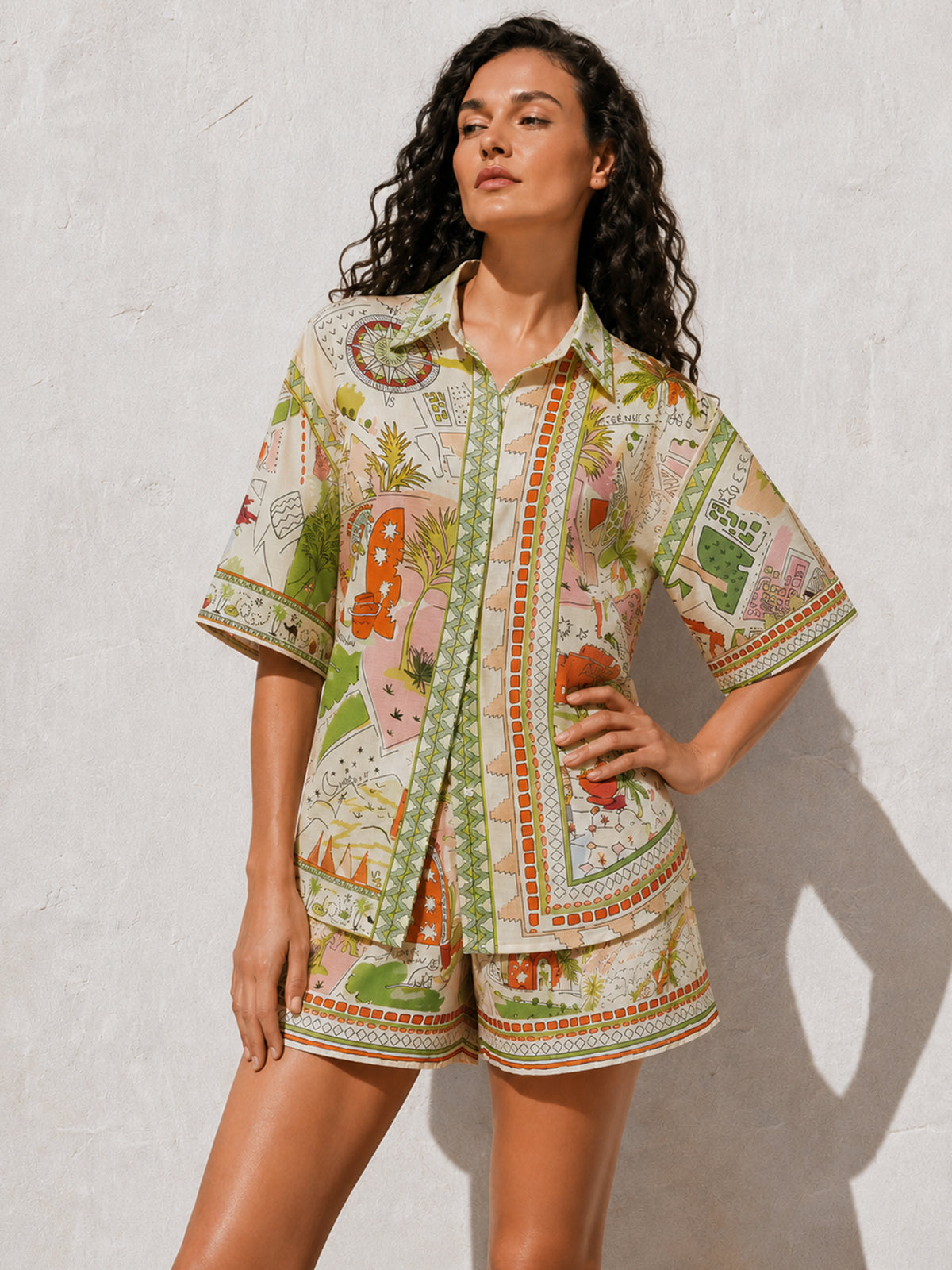 Printed Short Sleeve Shirt & Drawstring Shorts Set