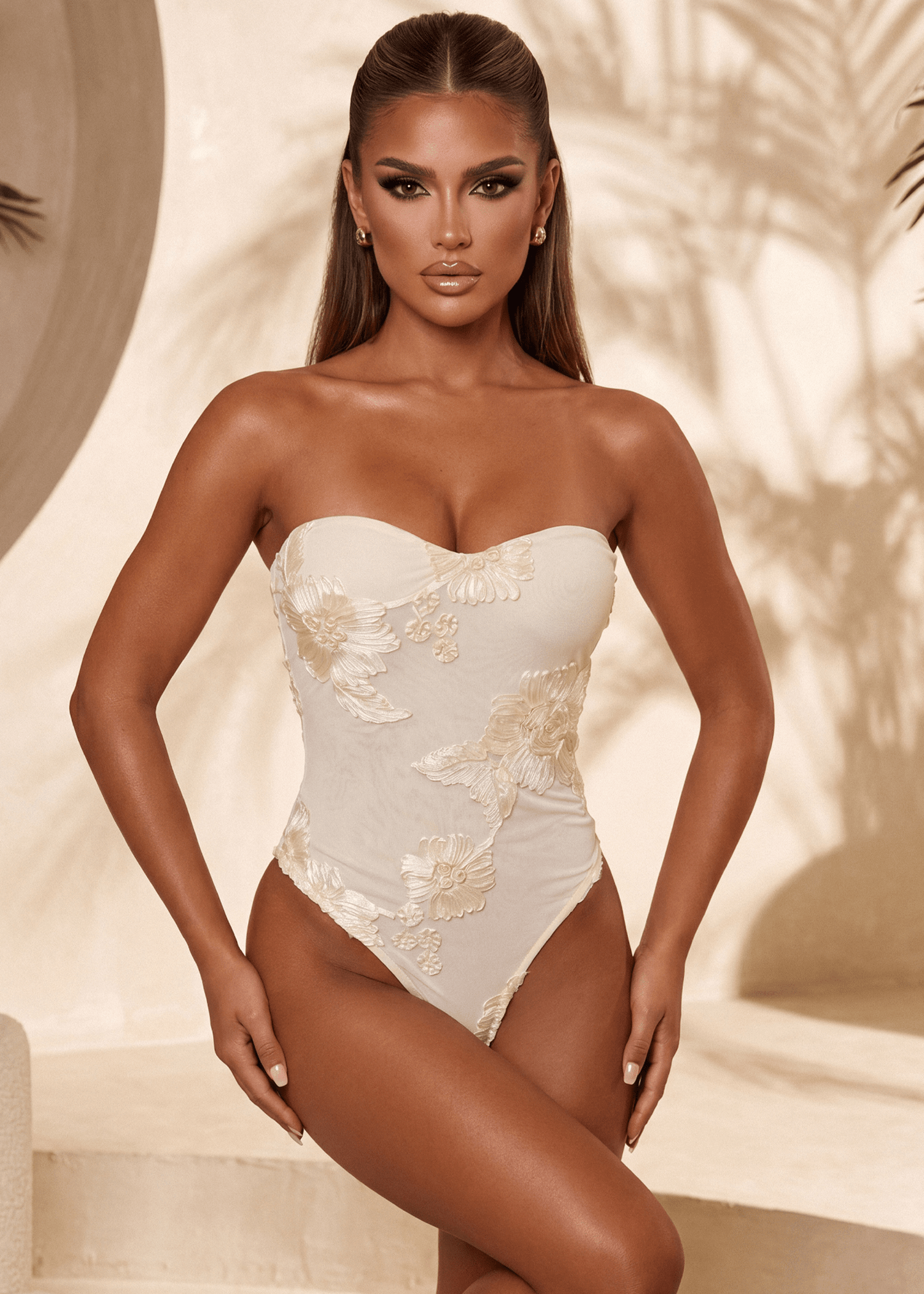Soft Embrace Floral Embellished Bodysuit - Cream