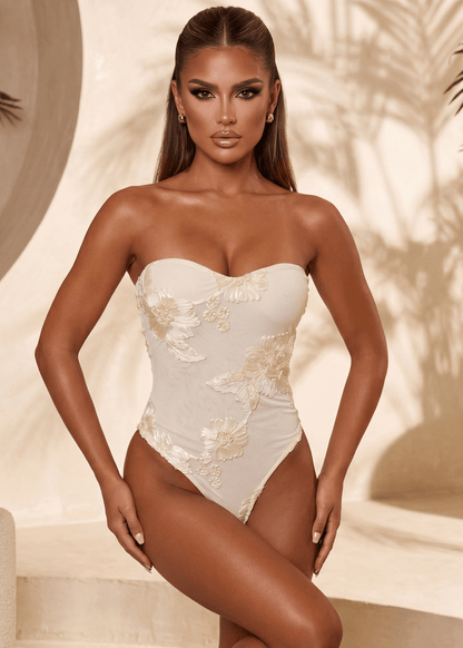 Soft Embrace Floral Embellished Bodysuit - Cream