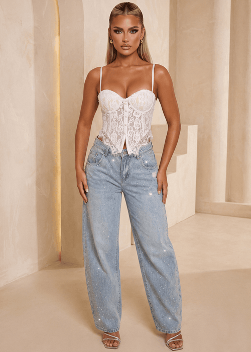 End Of An Era Lace Trim Barrel Denim Jeans - Blue