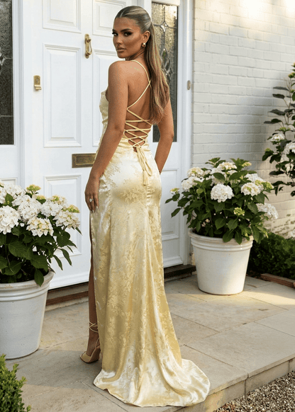 Worth Waiting For Cross Back Gown - Jacquard Yellow
