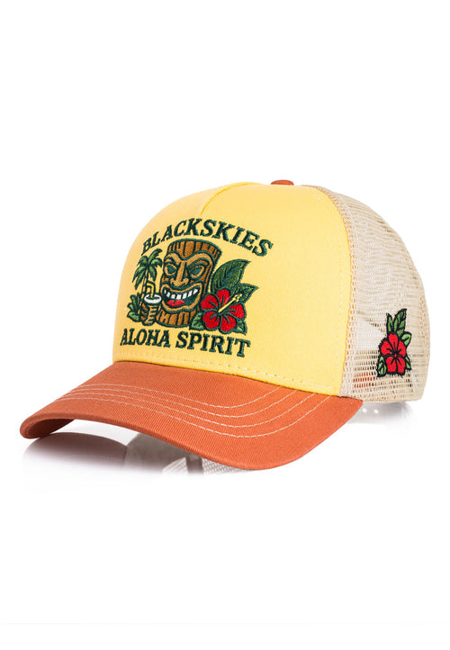 Yellow and orange cap with 'Blackskies Aloha Spirit' design on a white background