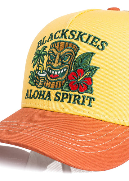 Yellow and orange cap with 'Blackskies Aloha Spirit' design on a white background