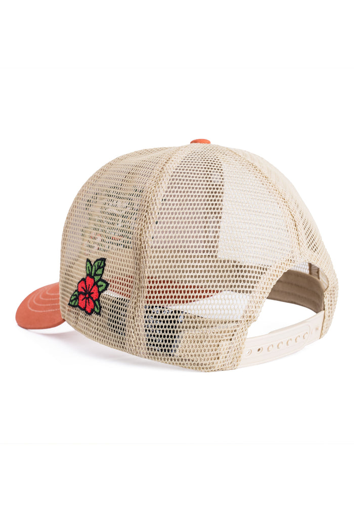 Beige mesh cap with floral embroidery on a white background