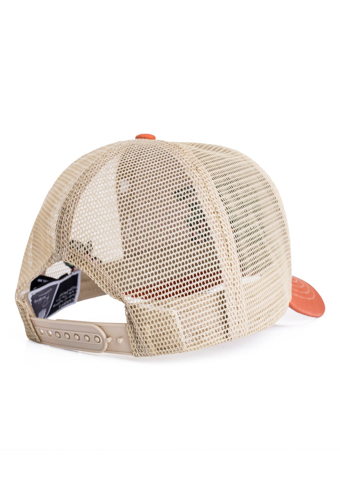 Beige mesh cap with orange bill on a white background