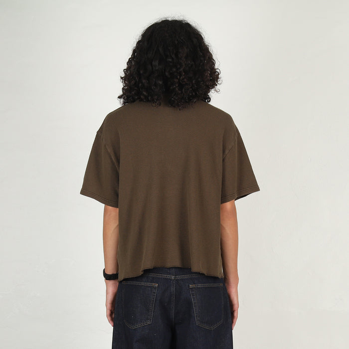 Boxy Thermal Mock Neck T-Shirt - Brown