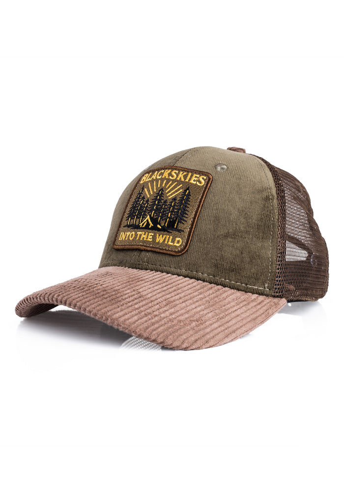 Brown and beige cap with a patch on a white background