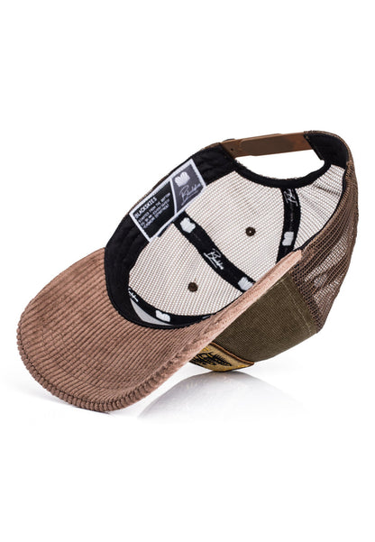Brown and beige cap with a white mesh back on a white background