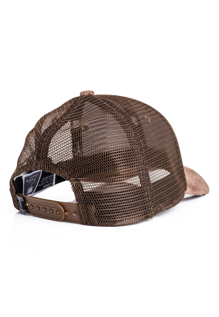 Brown mesh cap with leather brim on a white background