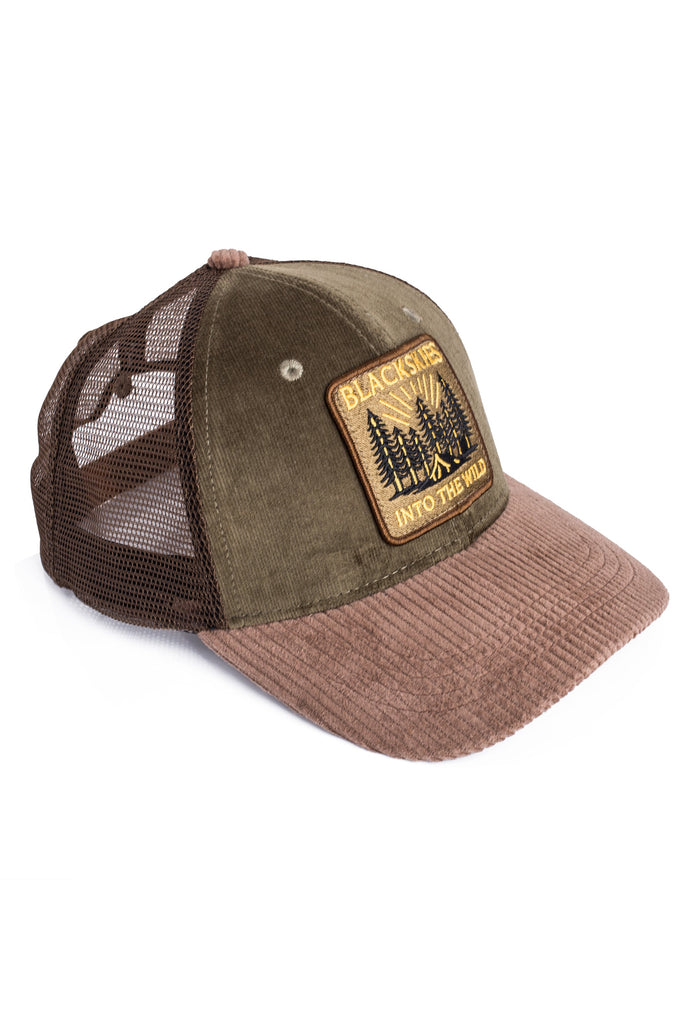 Brown and green cap with a patch on a white background