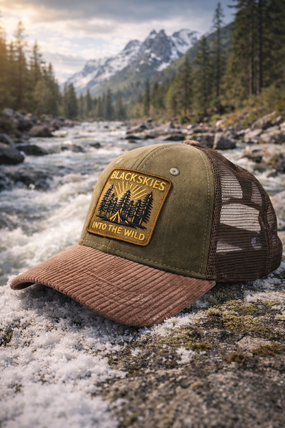 Green and brown cap with 'Black Skies' logo on a rocky surface with a mountain and river background