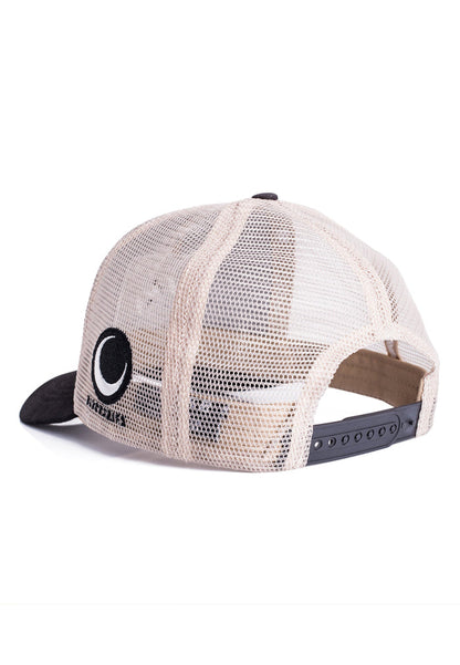 Trucker cap with mesh back and black brim on a white background