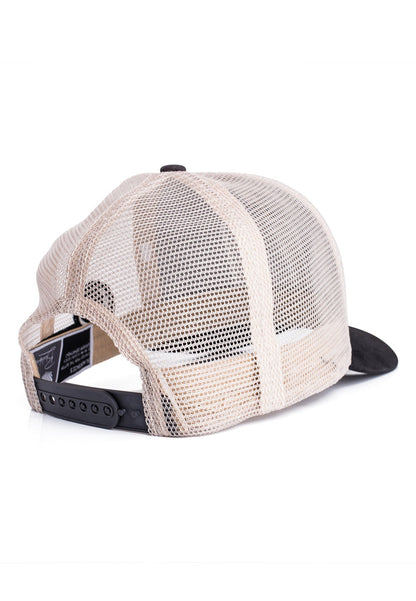 Beige mesh cap with black brim and adjustable strap on a white background