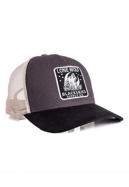 Trucker hat with a Lone Wolf Blackskies Supply Co. logo on a white background