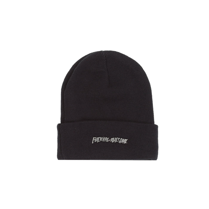 Metal Stamp Logo Cuff Beanie  - Black