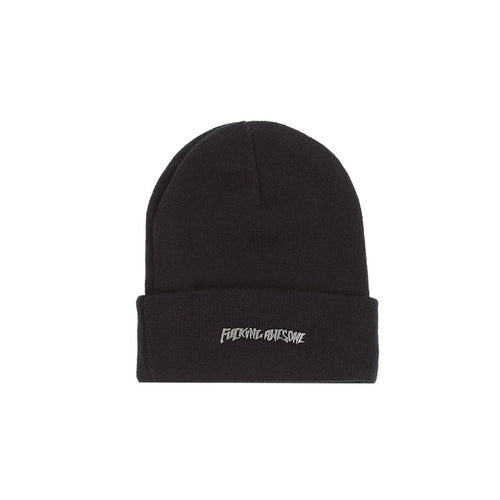 Metal Stamp Logo Cuff Beanie  - Black
