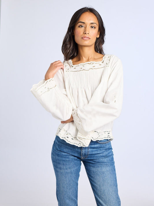 Melba Top in White Embroidered Linen