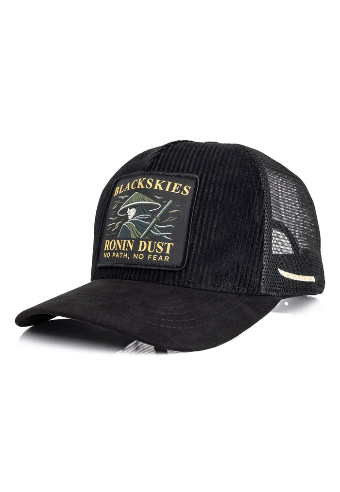 Black trucker cap with brand logo on a white background