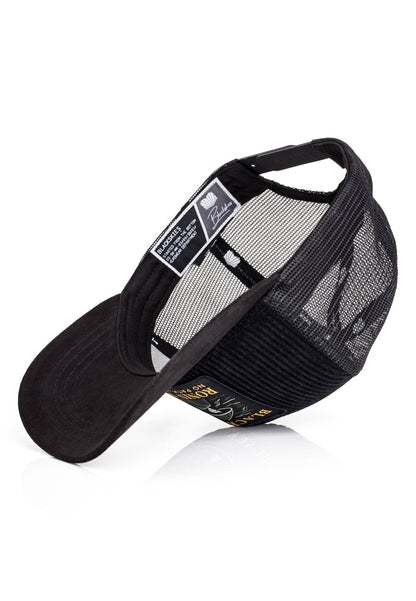 Black mesh cap with brand logo on a white background